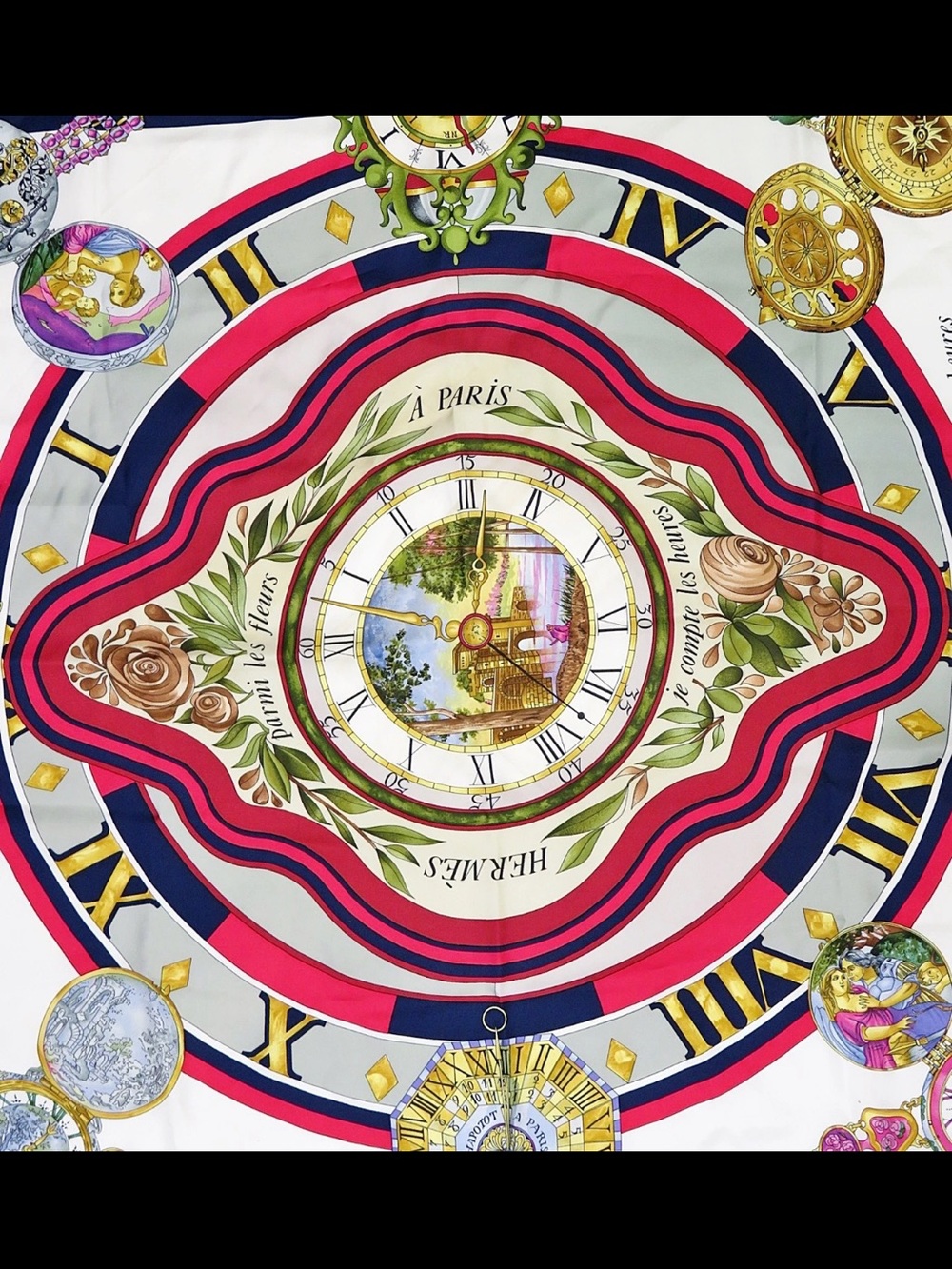 Hermès Navy, Red, Pink & Gold Clock Motif Silk Scarf - Picture 6 of 13